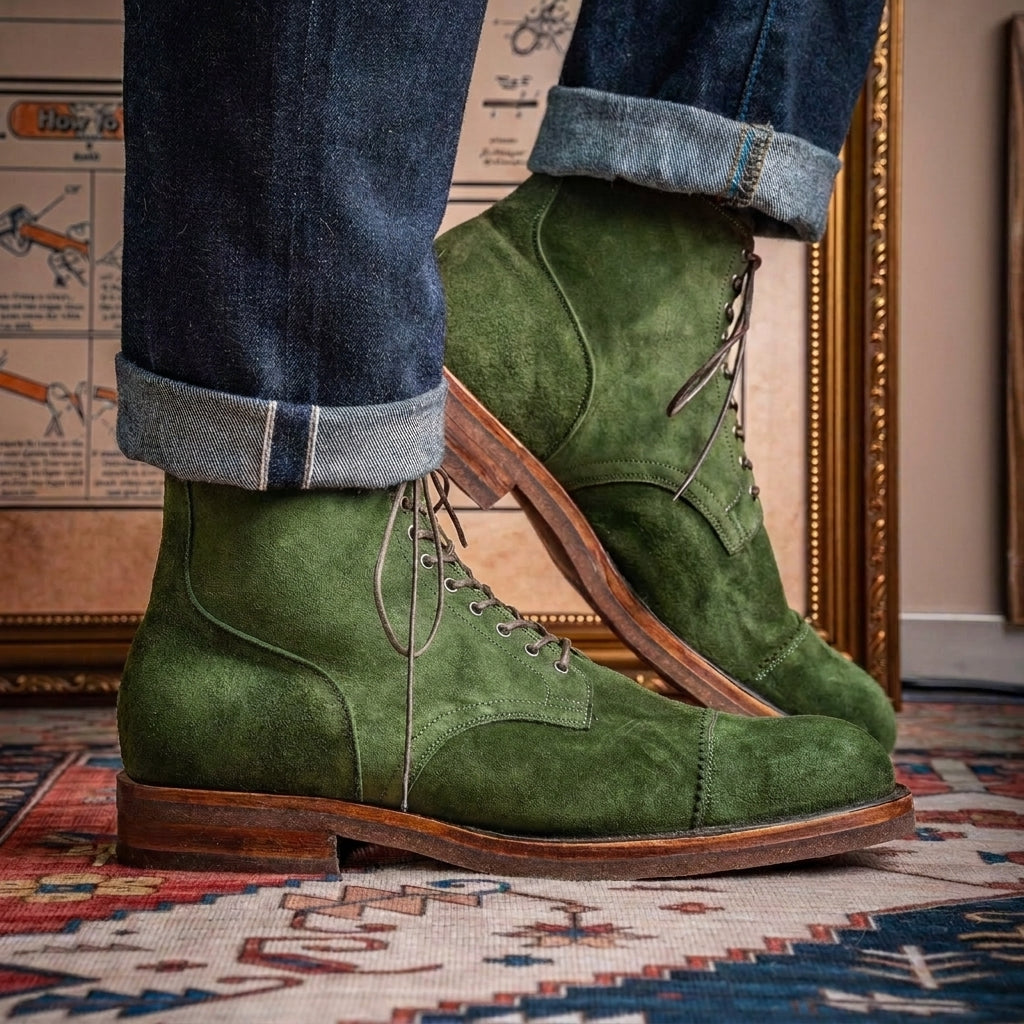 Green Suede Elysia Lace Up Toe Cap Boots - AW24