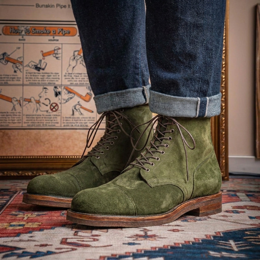 Green Suede Elysia Lace Up Toe Cap Boots - AW24