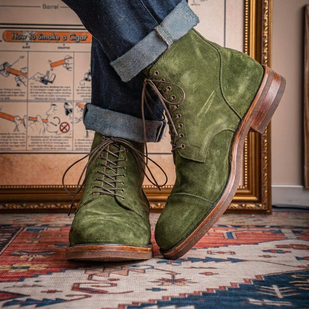 Green Suede Elysia Lace Up Toe Cap Boots - AW24