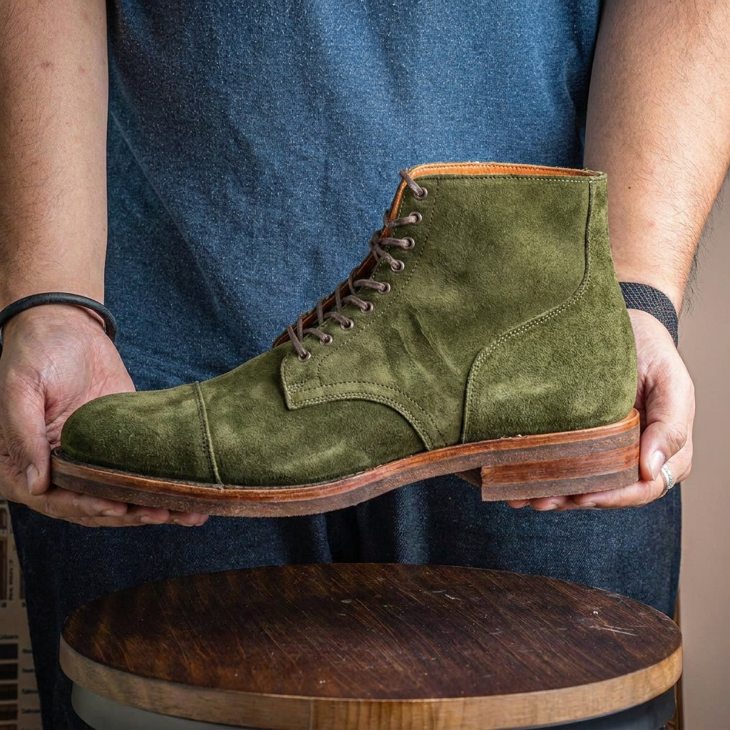 Green Suede Elysia Lace Up Toe Cap Boots - AW24
