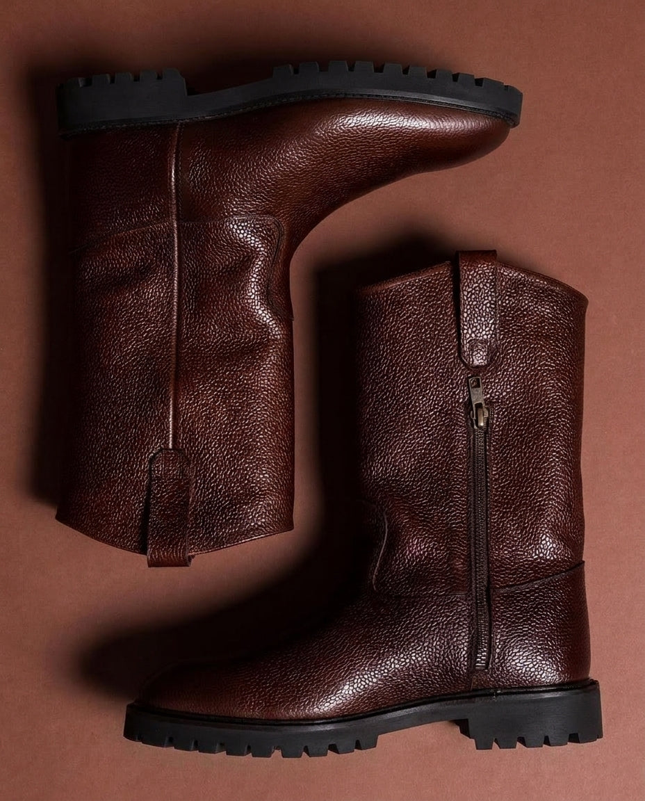 Luxury Edition - Artisian Made Brown Milled Italian Leather Ophira Zipper Long Boots - AW24