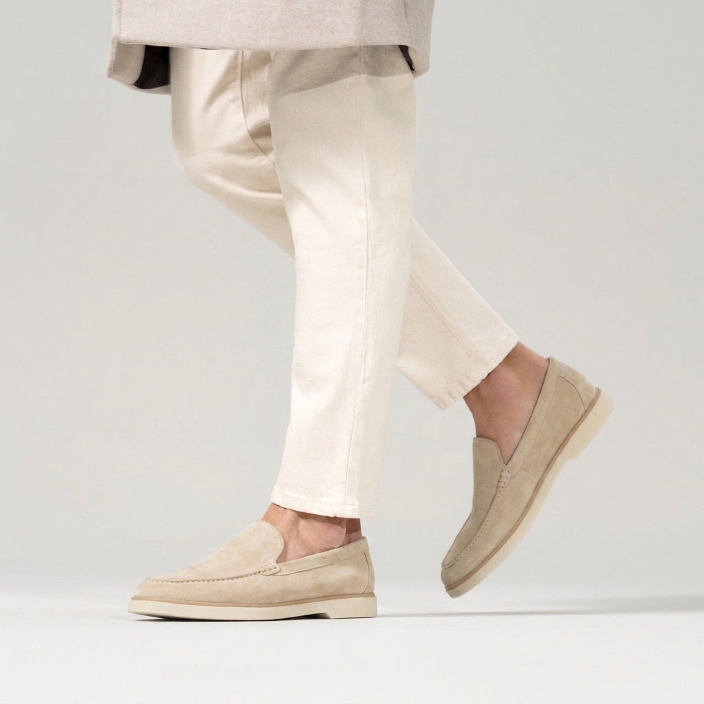 Luxury Edition - Artisian Made Off White Italian Suede Quirin Loafers with White Soles - Summer 2024 Collection