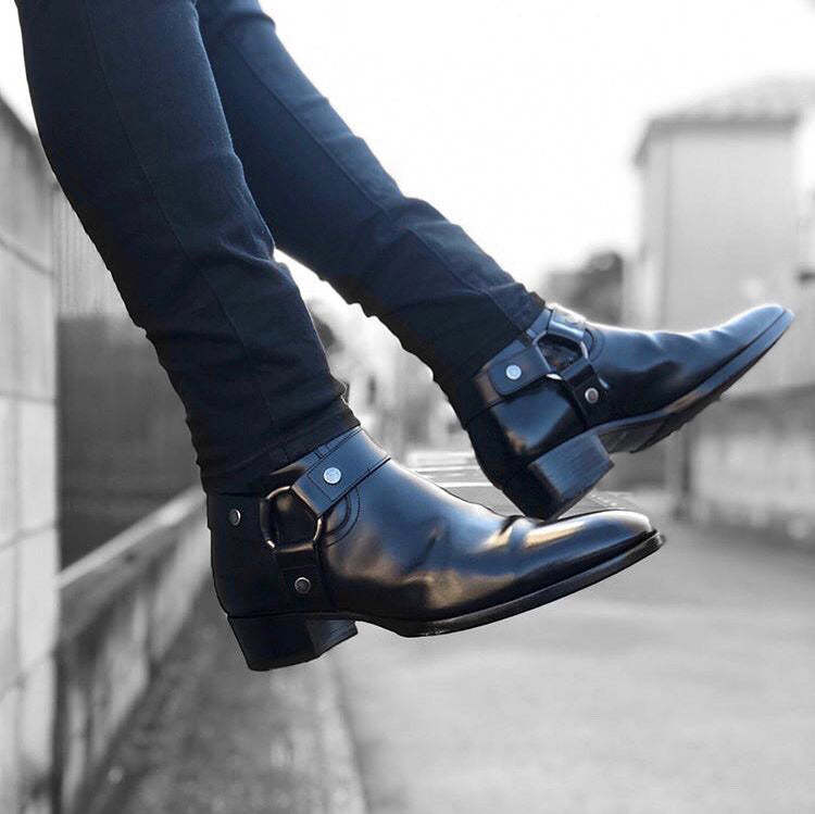 Black Leather Ravien Harness Chelsea Boots - Cowboy Edition
