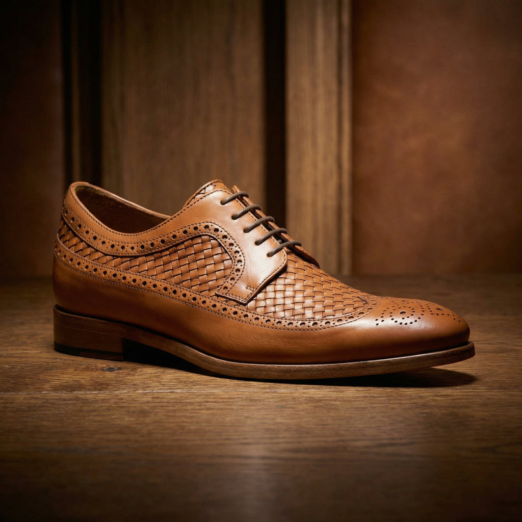 Height Increasing Tan Braided Leather Norwood Brogue Derby Shoes