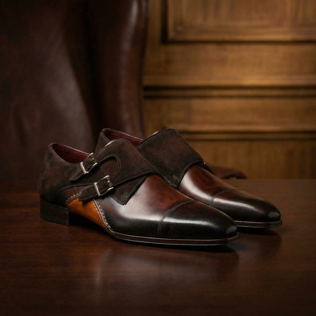 Brown Leather & Suede Bourke Monk Straps Shoes