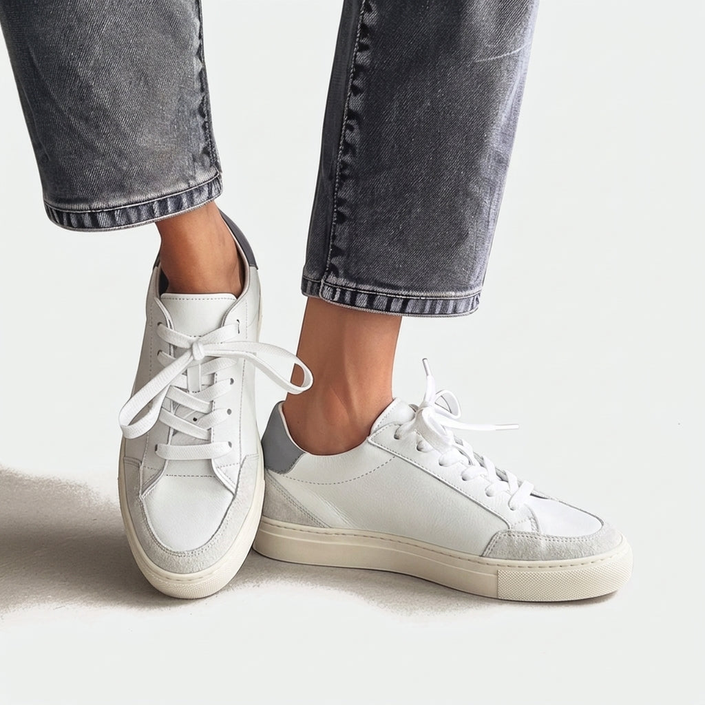 White Leather Froststep Lace Up Sneakers with Grey Highlights - Summer 2024 Collection