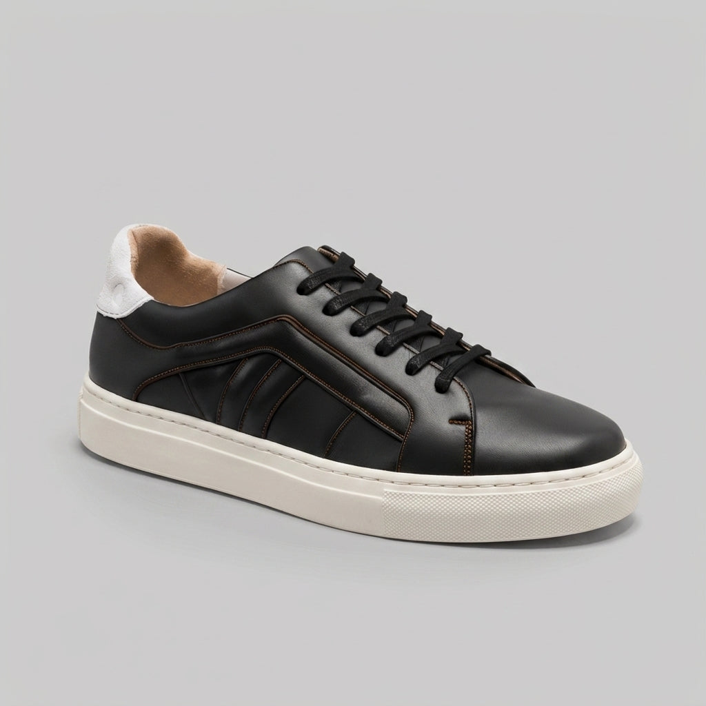 Black Leather  Lace Up Crystal Crest Sneakers  With White Sole - Summer 2024 Collection