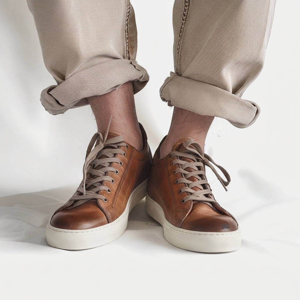 Tan  Leather  Lace Up AlabasterRun Sneakers  With White Sole - Summer 2024 Collection