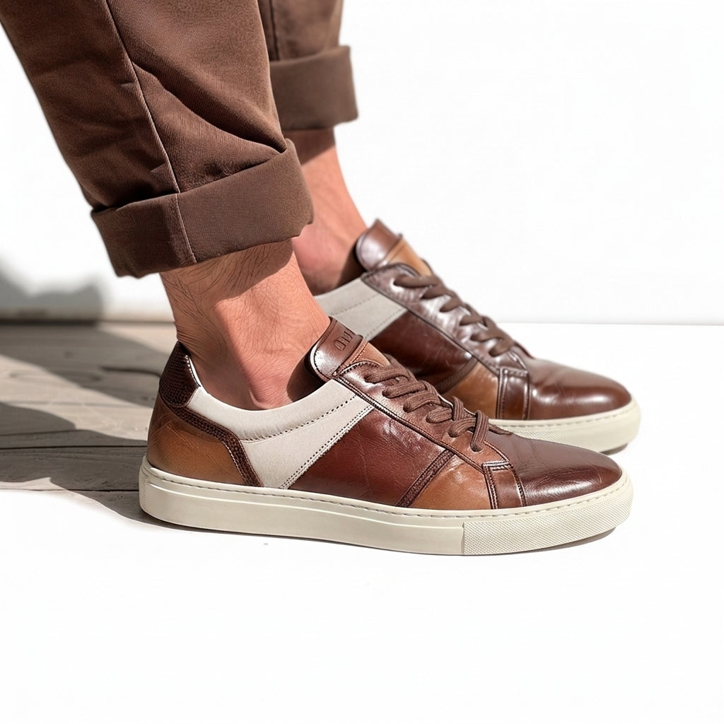 Brown & White Leather  Lace Up Sneakers - Summer 2024 Collection