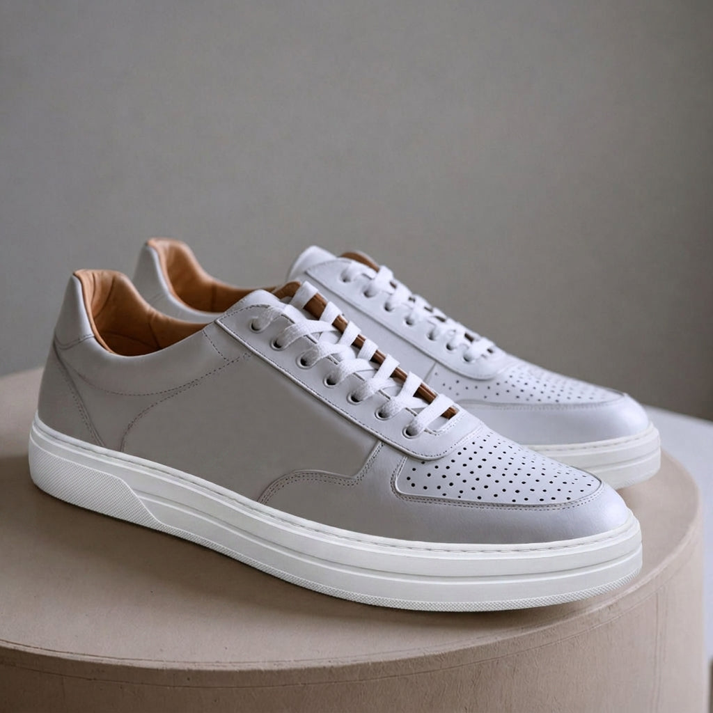 White Leather Lace Up Sneakers  with White Sole - Summer 2024 Collection