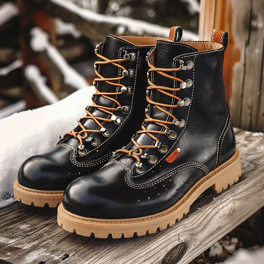 Black Leather Trek Titans Hiking Boot with Chunky Track Soles - SUMMER 2024 COLLECTION
