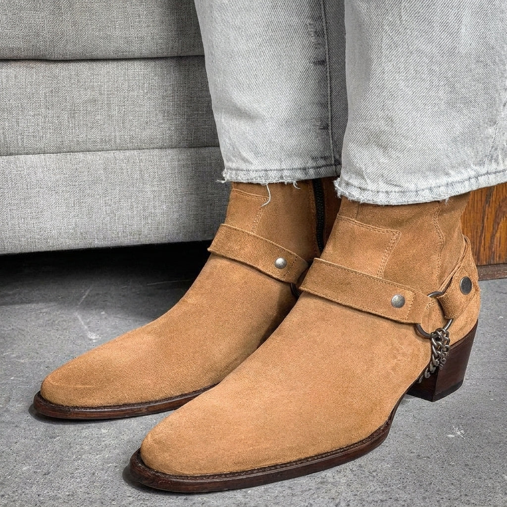 Brown  Suede Leather Ravien Harness Chelsea Boots