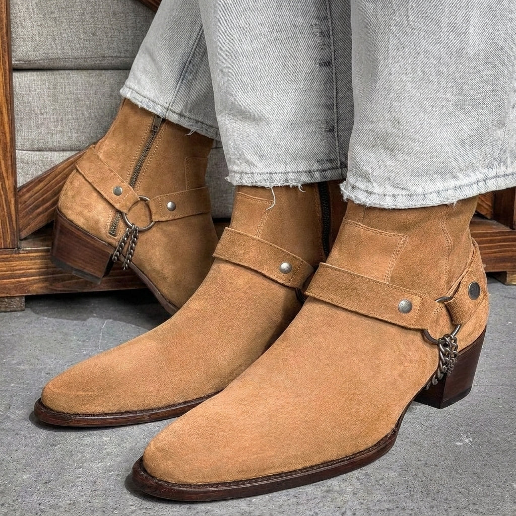 Brown  Suede Leather Ravien Harness Chelsea Boots