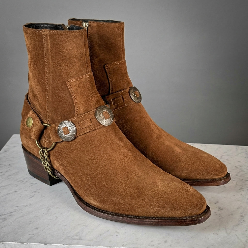 Brown Suede Leather Ravien Rustics Harness Chelsea Boots
