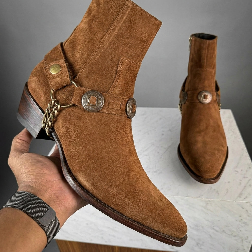 Brown Suede Leather Ravien Rustics Harness Chelsea Boots