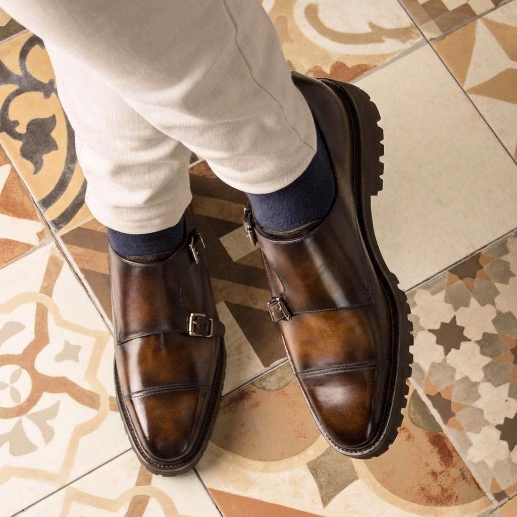 Tan  and Brown Leather Classic Crusaders Castle Monk Straps Shoes
