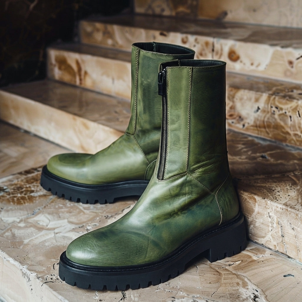 Green Leather Attilio Slip On Zipper Western Cowboy Boots