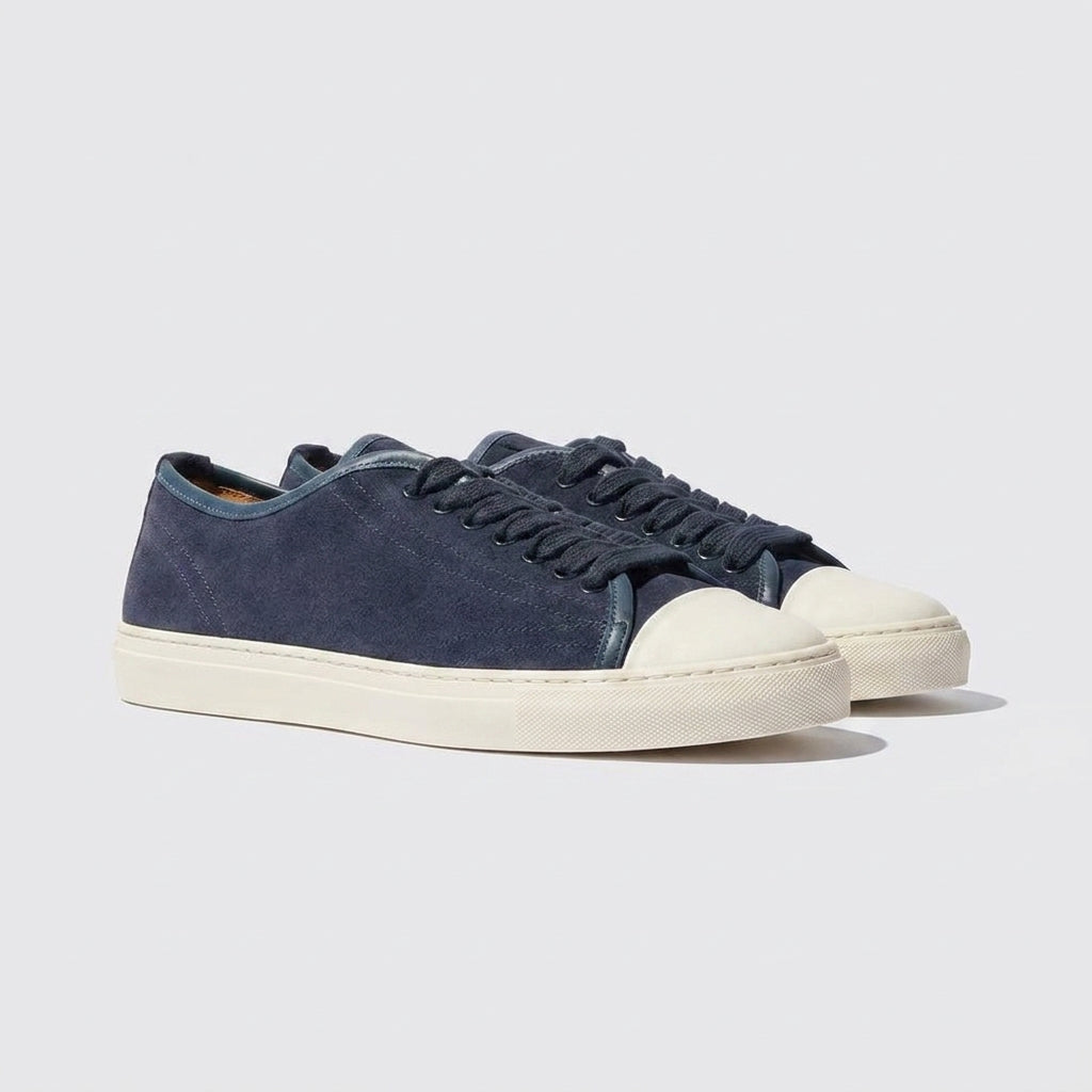Navy Blue Leather Marshmallow Lace-Up Sneakers With White Sole