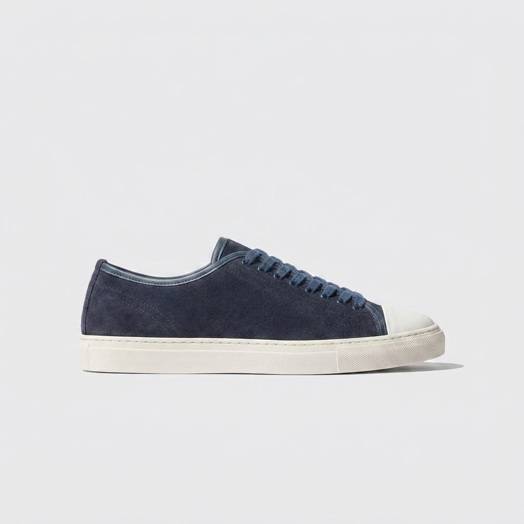 Navy Blue Leather Marshmallow Lace-Up Sneakers With White Sole