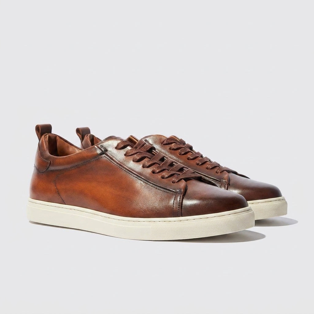 Tan Leather FrostGlow Lace-Up Sneakers With White Sole