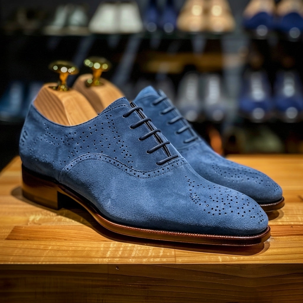 Navy Blue Suede Leather Prestige Pace Brogue Oxfords Shoes - Summer 2024 Collection