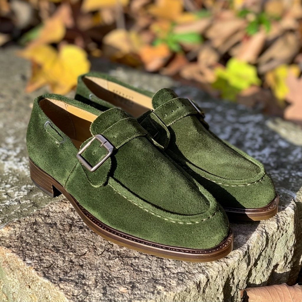 Green Suede Leather Suburb Styler Slip-On Loafers with Buckle   - Summer 2024 Collection