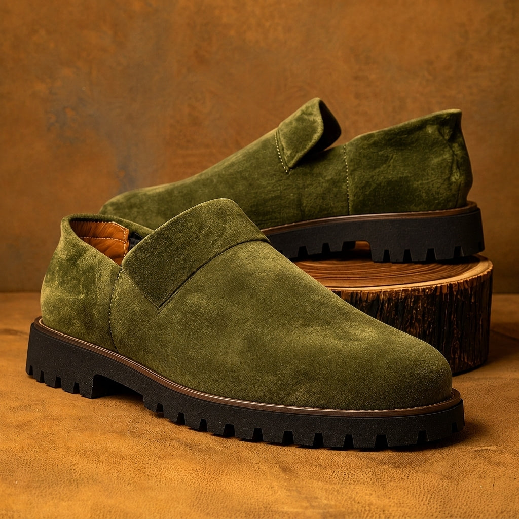 Green Suede Leather Royal Look Slip-On Loafers - Summer 2024 Collection