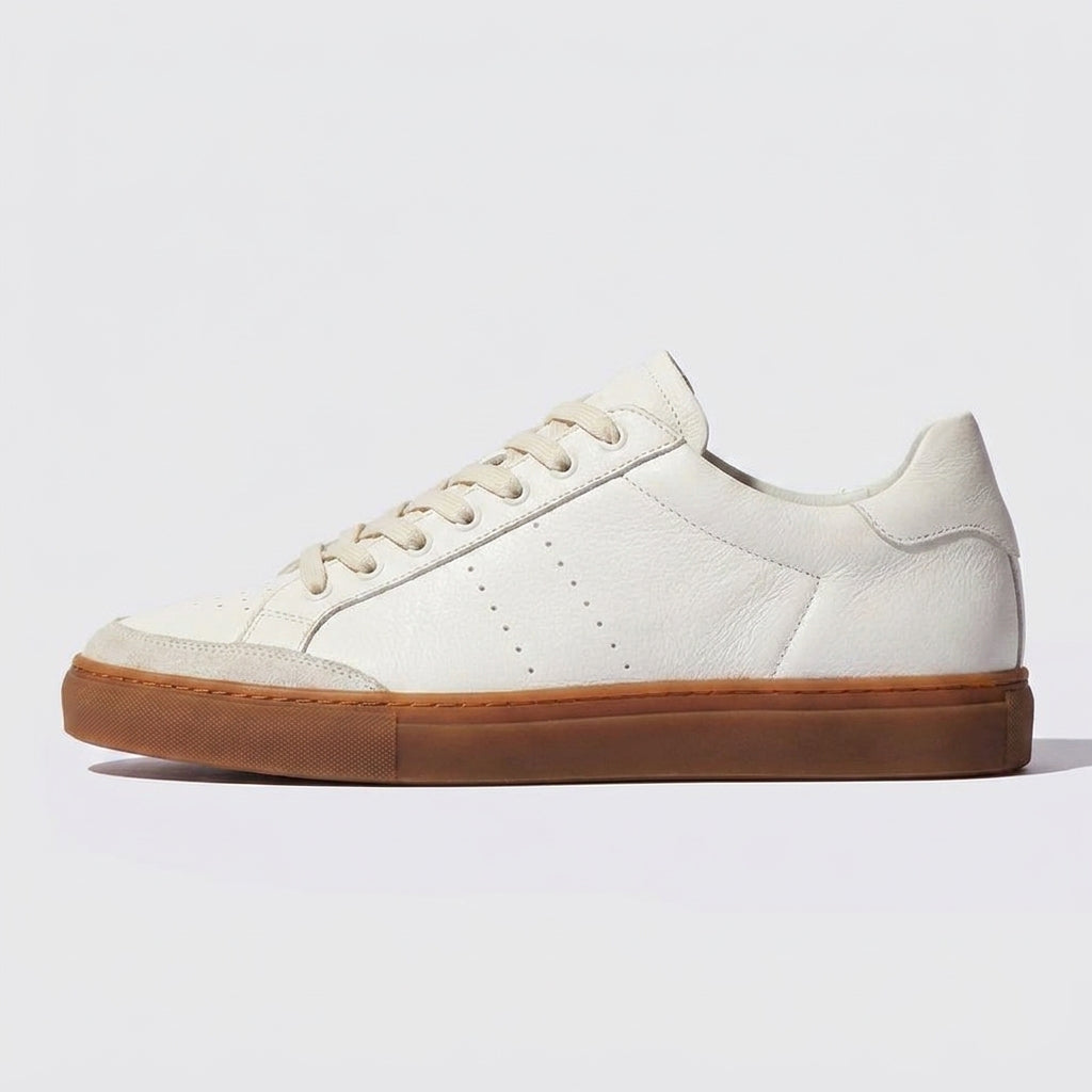 White Leather Crystal Cushion Lace-Up Sneakers With Honey Colour Sole