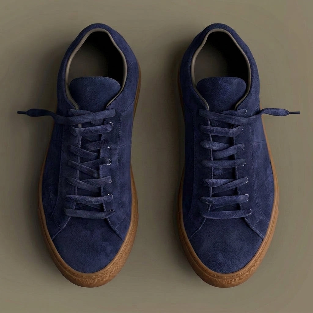 Blue Suede Leather Leisure Luxe Lace-Up Sneakers - Summer 2024 Collection