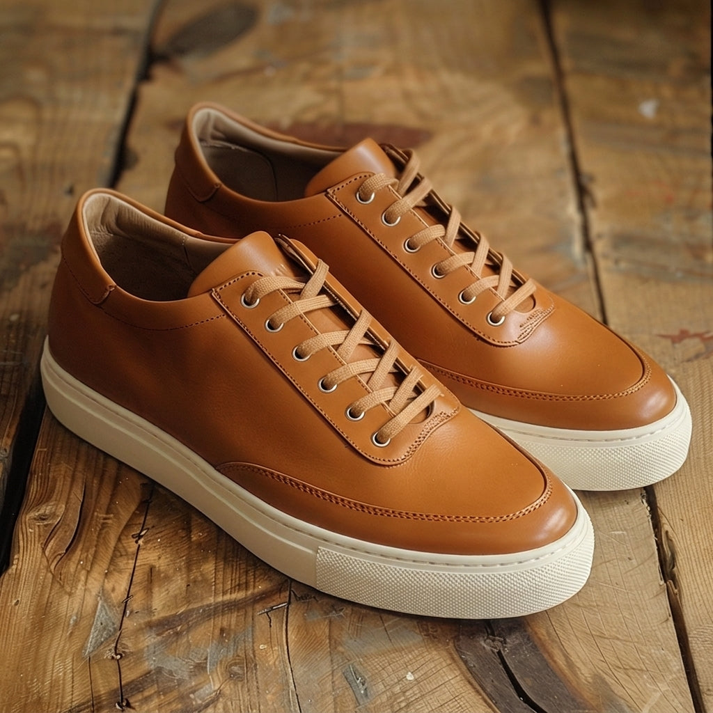 Tan Leather Golden Glide Lace-Up Sneakers with White Sole - Summer 2024 Collection