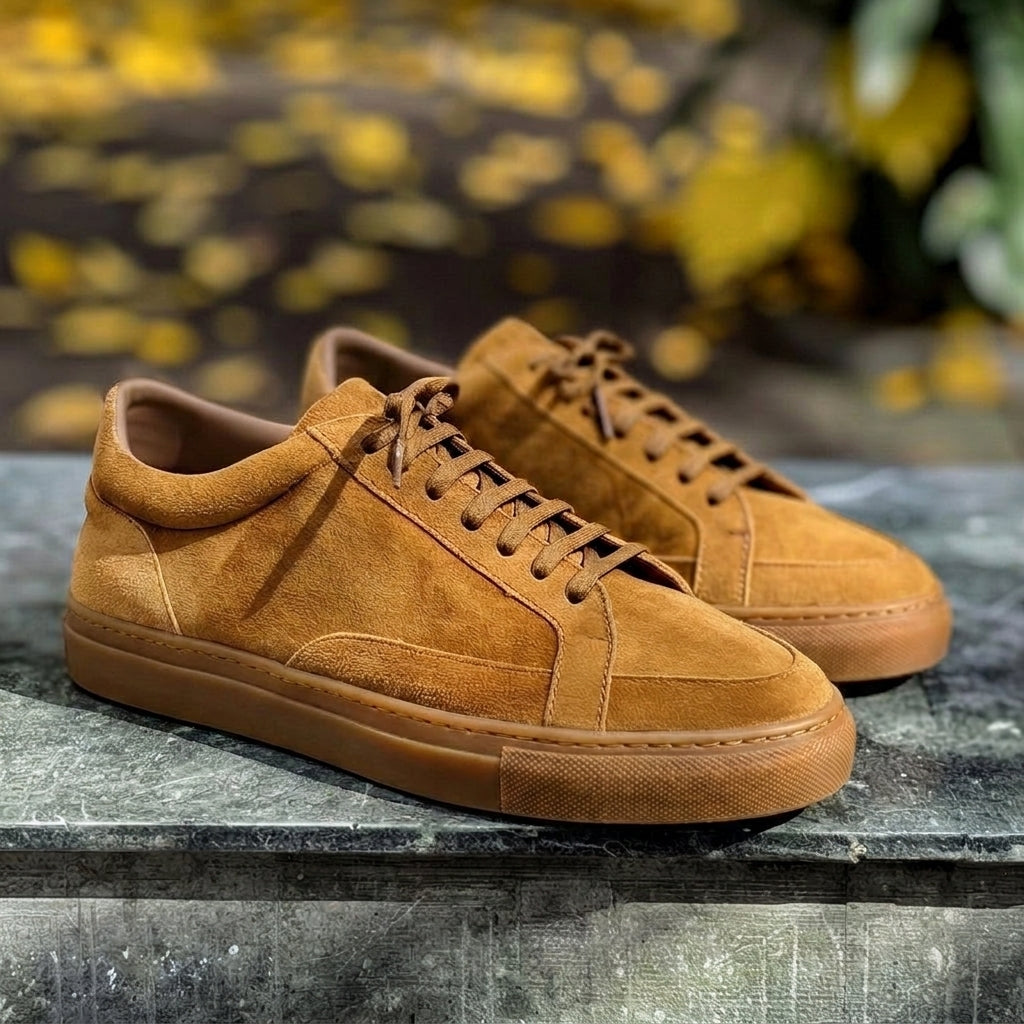 Tan Suede Leather with Low Top Jet Elite Lace-Up Sneakers with White Sole - Summer 2024 Collection