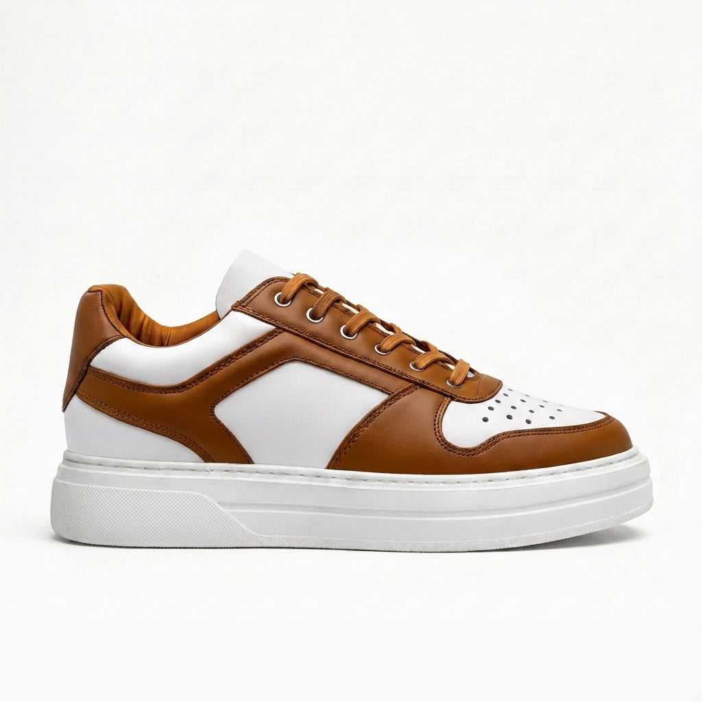 Brown & White Leathe Lace-Up Sneakers with White Sole - Summer 2024 Collection