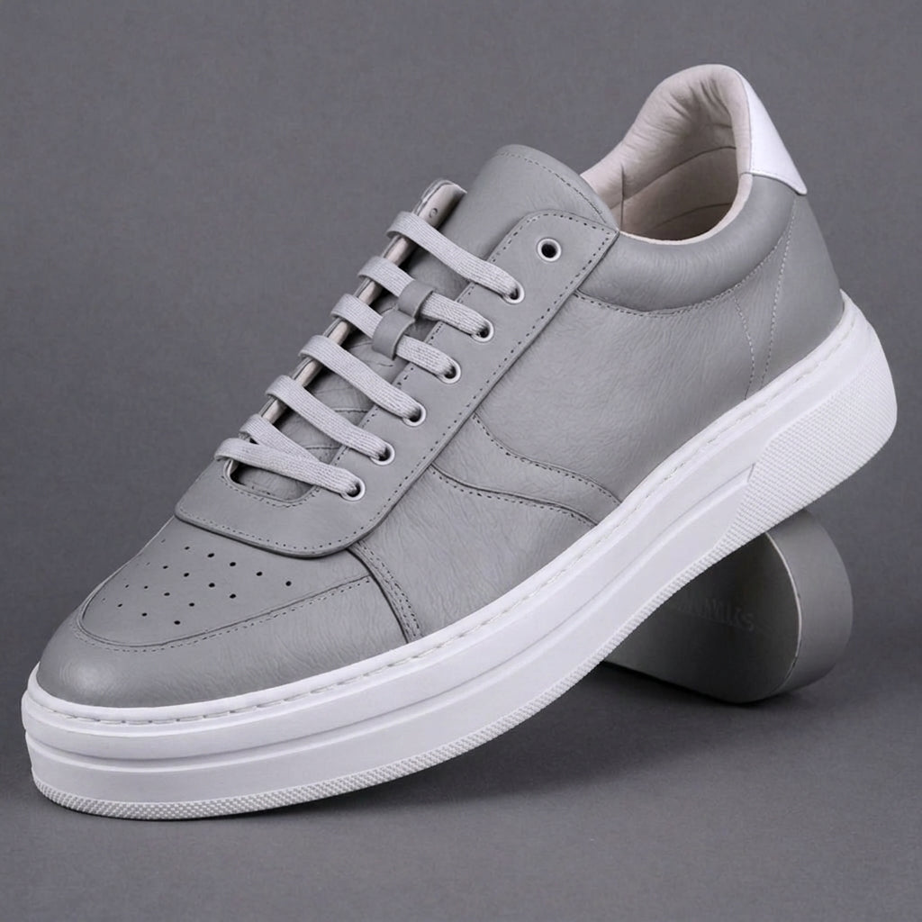 Grey & White Leather Street Sprint Lace-Up Sneakers with White Sole - Summer 2024 Collection