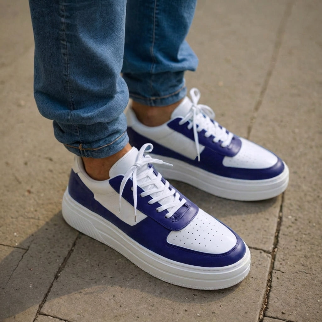 Blue & White Leather Step Savvy Lace-Up Sneakers with White Sole - Summer 2024 Collection