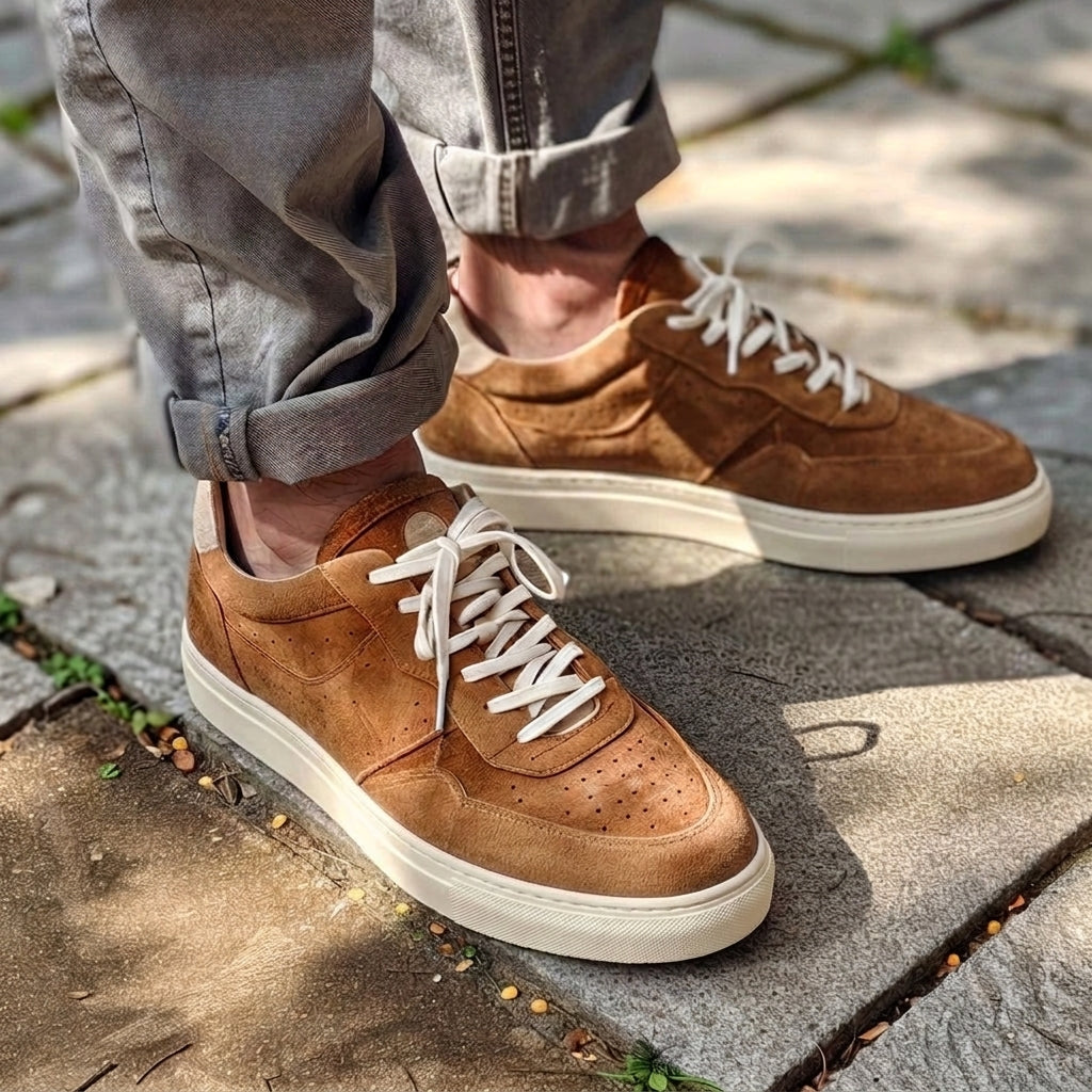 Tan Suede Leather Savvy Lace-Up Sneakers with White Sole - Summer 2024 Collection