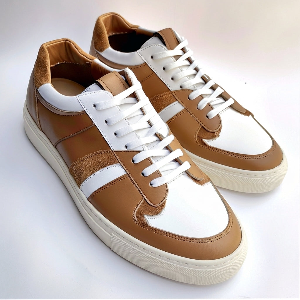 Brown & White Leathe Foot Fashion Lace-Up Sneakers with White Sole - Summer 2024 Collection