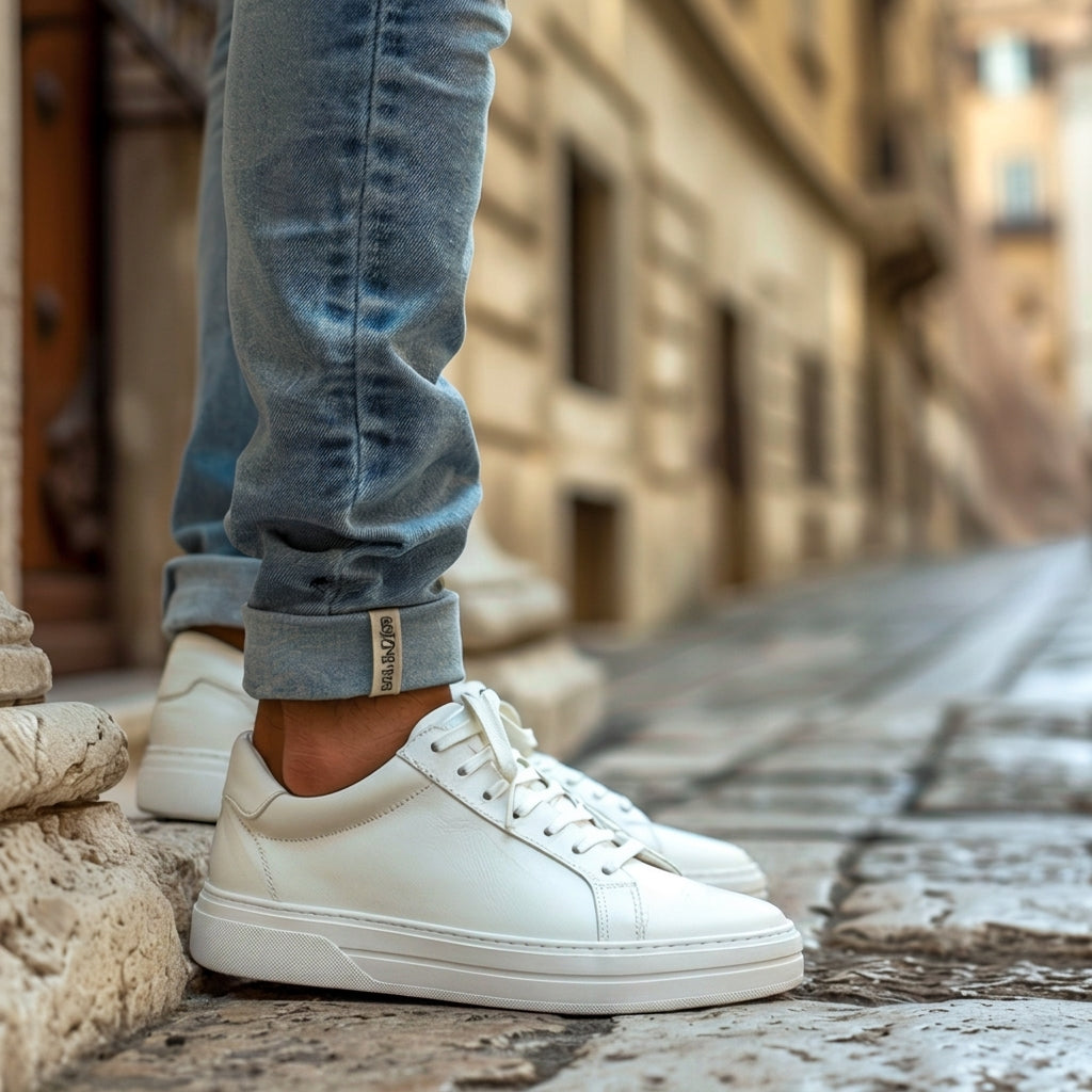 White Leather Sage Slip Lace-Up Sneakers with White Sole - Summer 2024 Collection