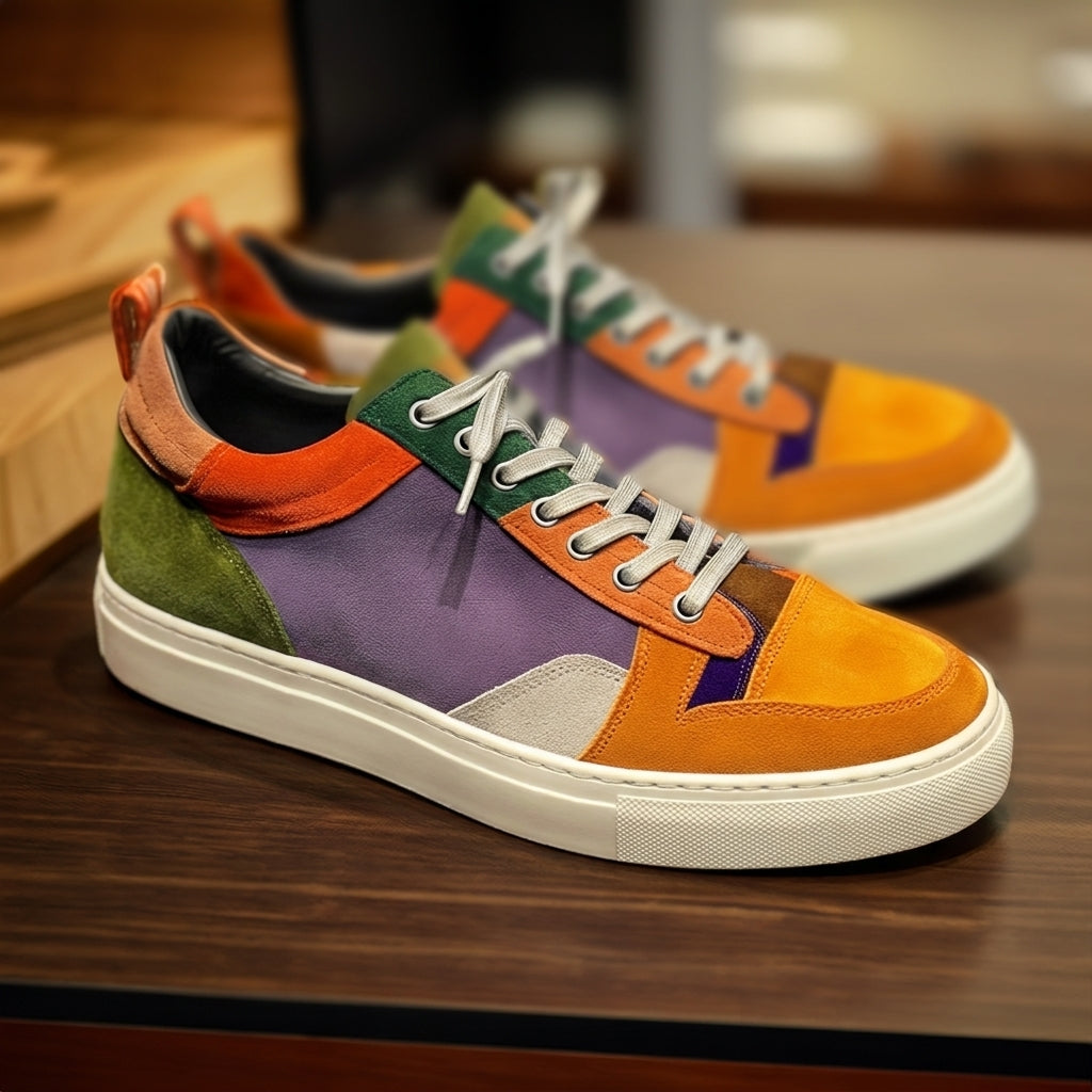 Multi Colour Suede Leather Verdant Vogue Lace-Up Sneakers with White Sole - Summer 2024 Collection