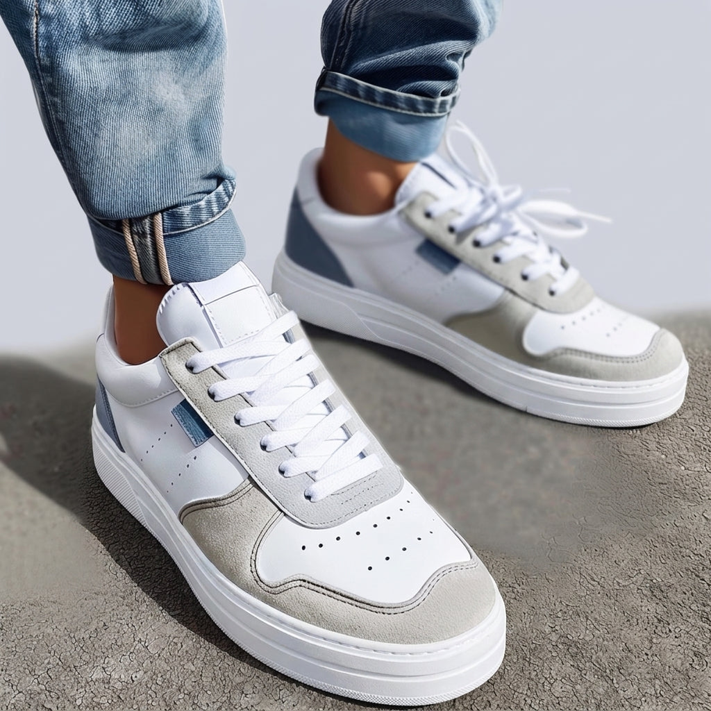 Grey & White Leather Minty Movers Lace-Up Sneakers with White Sole - Summer 2024 Collection