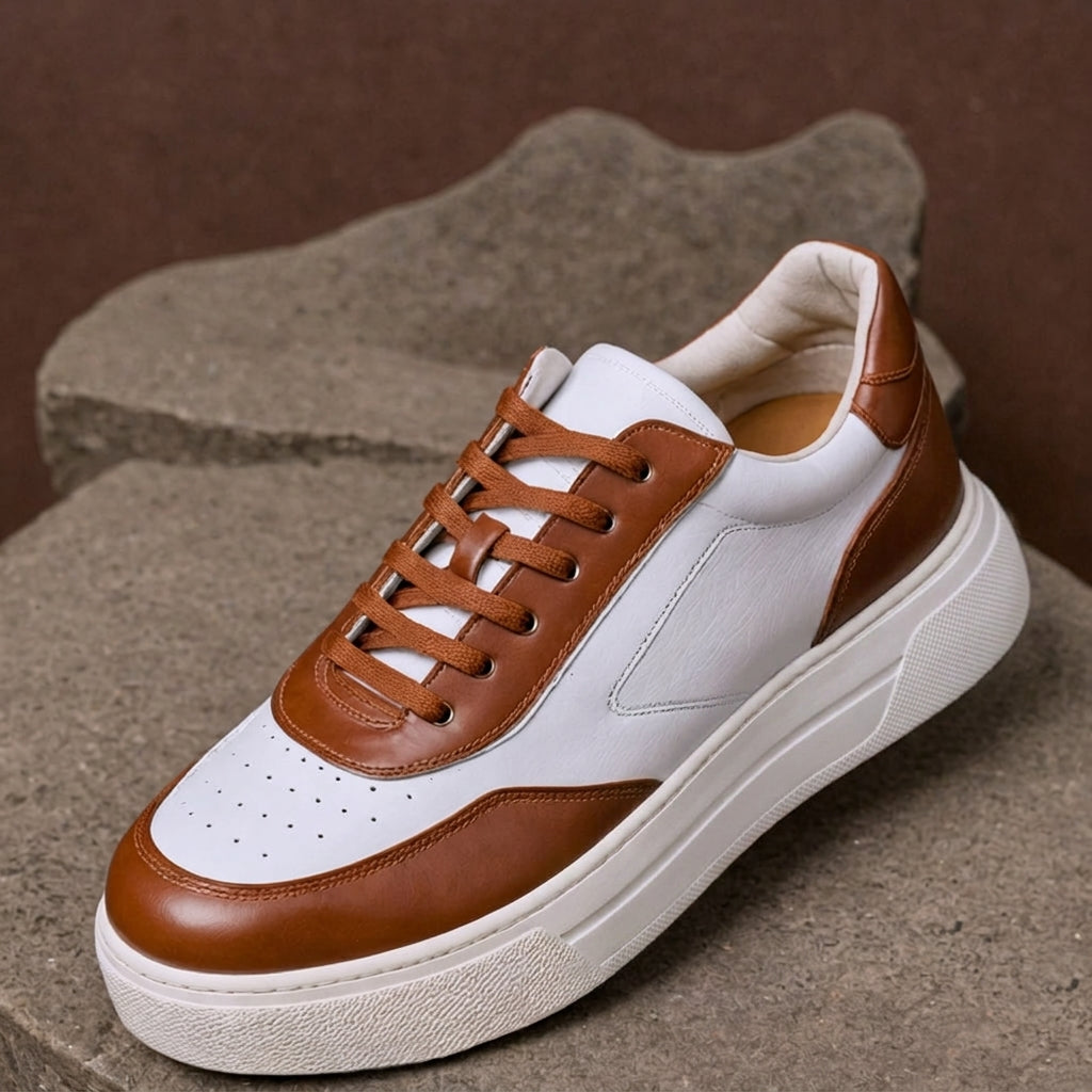White & Brown Leather Savvy Lace-Up Sneakers with White Sole - Summer 2024 Collection