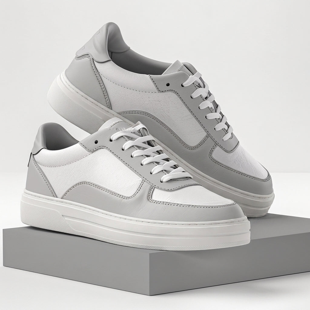 Grey & White Leather Mint Lace-Up Sneakers with White Sole - Summer 2024 Collection
