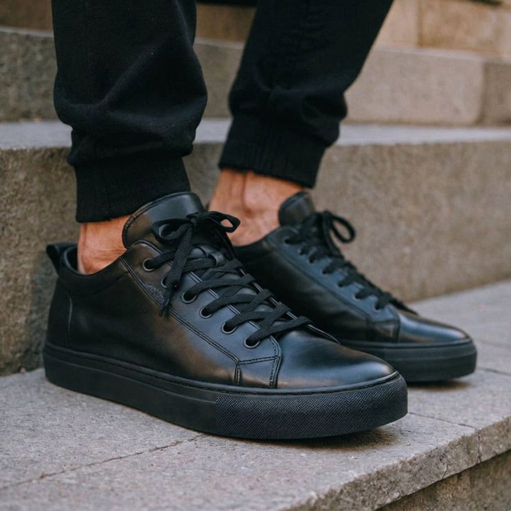 Black Leather Pistachio Lace-Up Sneaker with Black Sole - Summer 2024 Collection