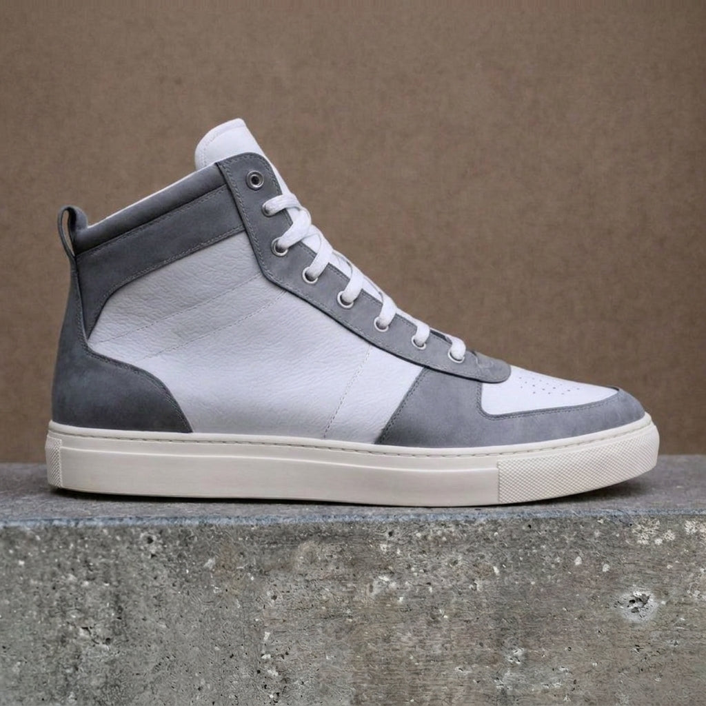 Grey & White Leather Sprint Lace-Up Sneakers with White Sole - Summer 2024 Collection