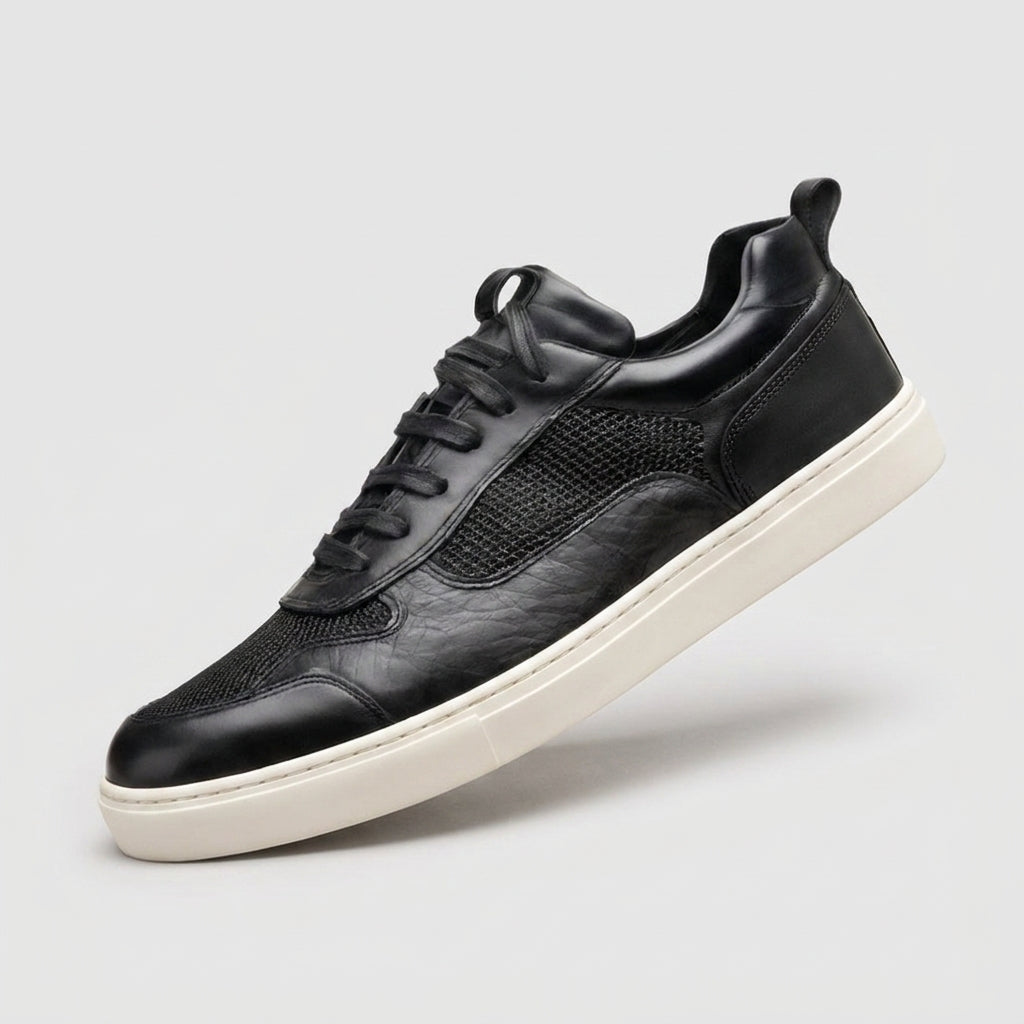 Black Leather Newsara Lace Up Running Sneaker Shoes - Summer 2024 Collection