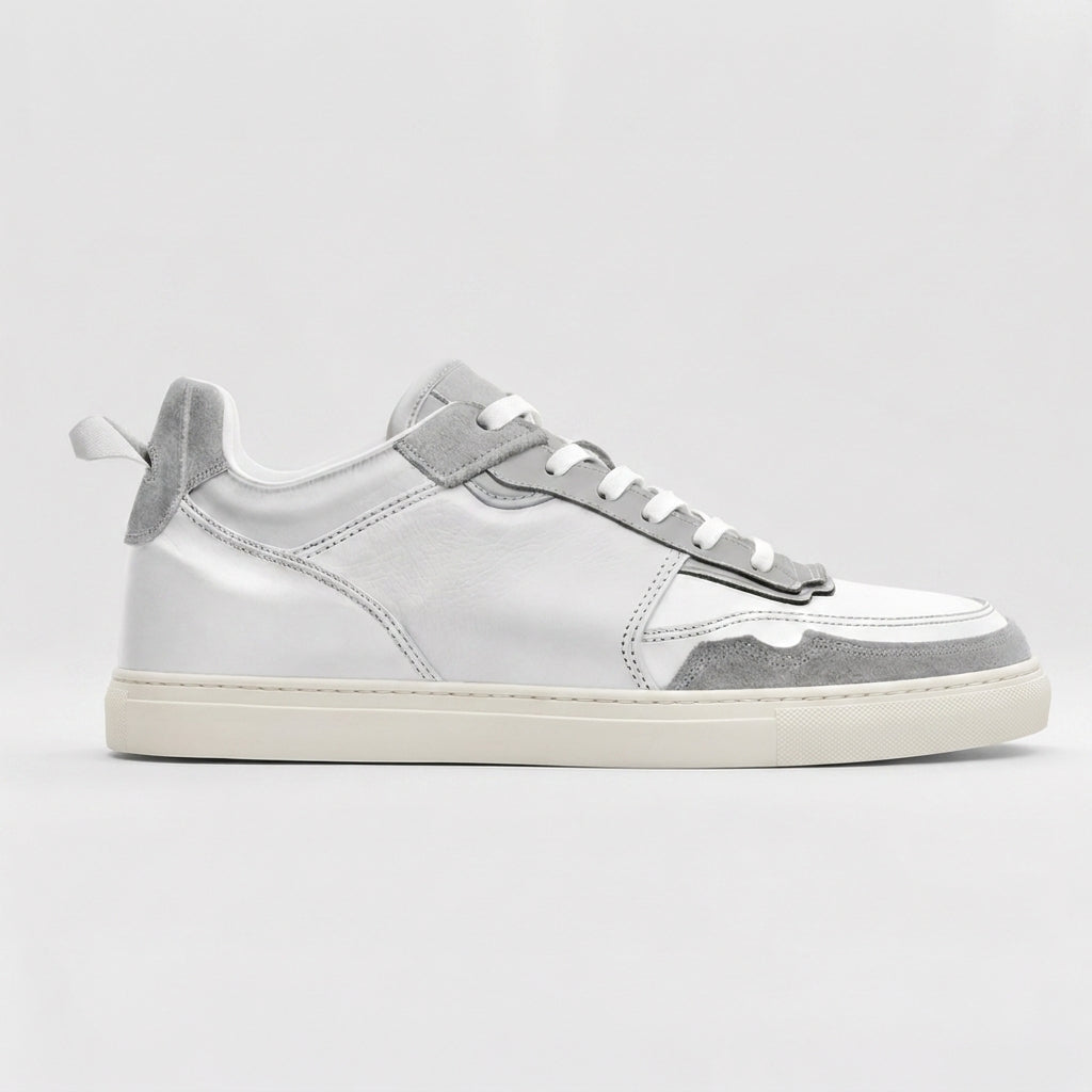 Grey & White Leather Street Sprint Lace-Up Sneakers with White Sole - Summer 2024 Collection