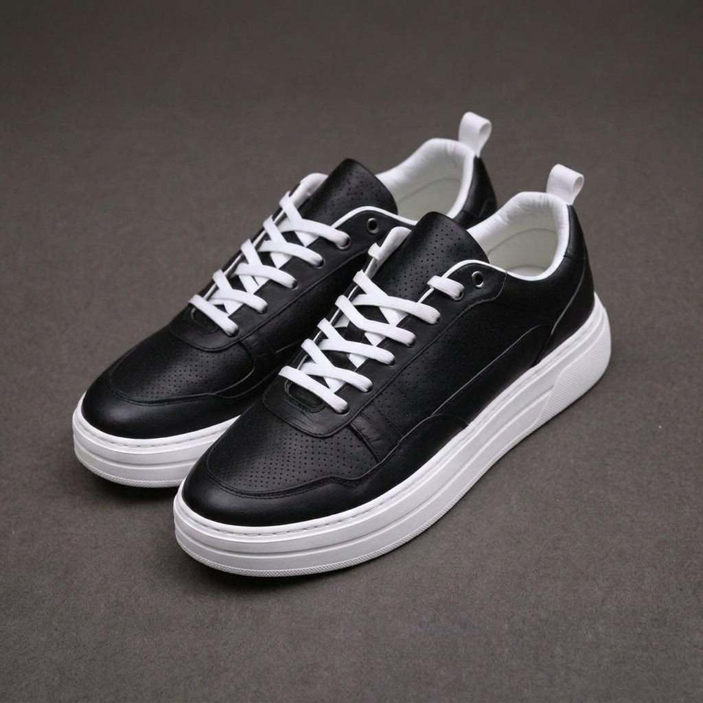 White & Black Leather Newsara Lace Up Running Sneaker Shoes - Summer 2024 Collection