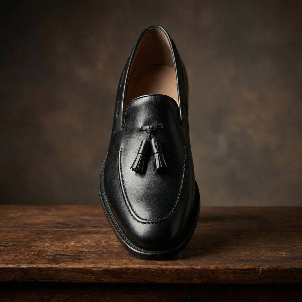 Height Increasing Black Leather Stanley Tassel Loafers