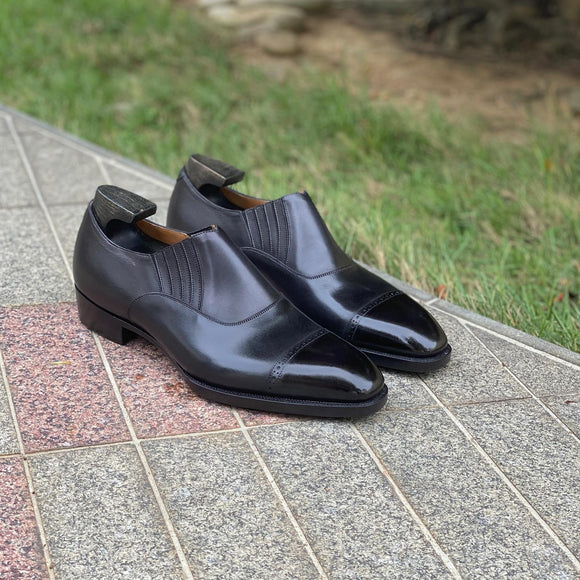Black Leather Midara Slip On Elasticated Loafers With Brogue Toe Cap 