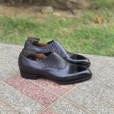 Black Leather Midara Slip On Elasticated Loafers With Brogue Toe Cap 