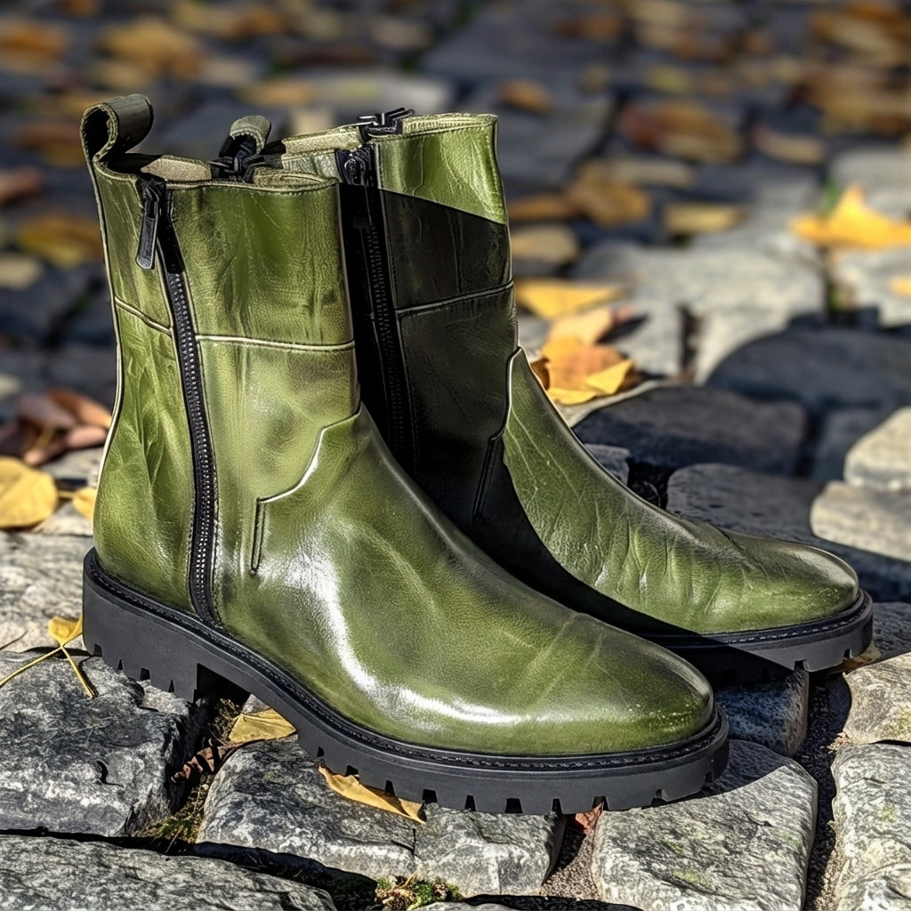 Green Leather Agostino Slip On Zipper Western Cowboy Boots